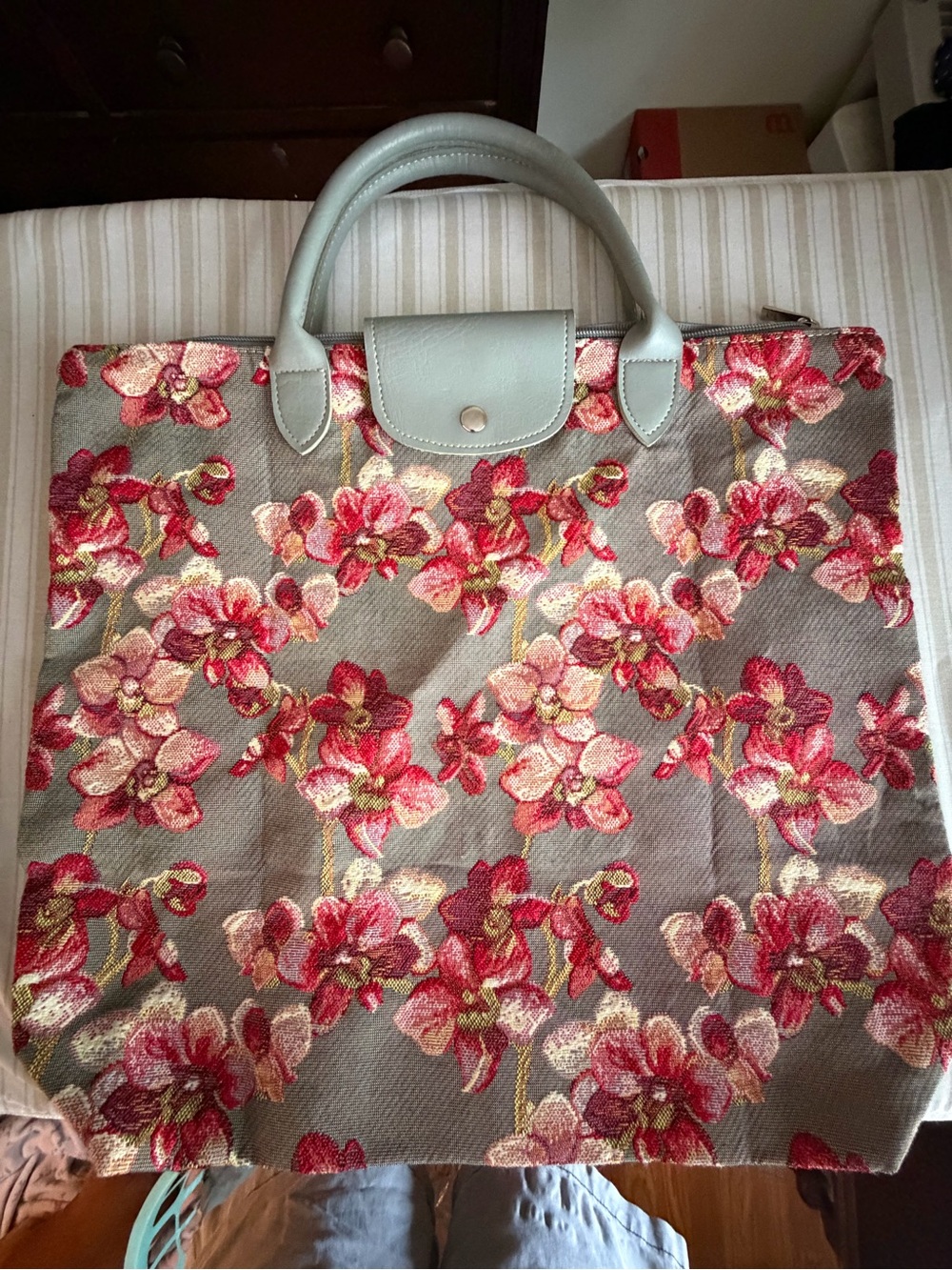 Gray Floral Embroidered Tote with Pink Accents